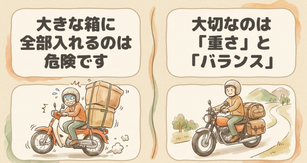 大きな箱に荷物を詰め込みすぎた危険な積載と、重さとバランスを整えた安全な積載を比較した図