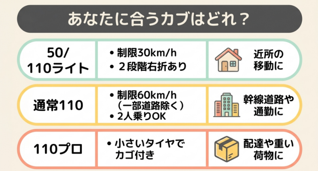 スーパーカブ50・110 Lite、通常110、110プロの交通ルールと通勤・配達に適した用途を比較した図