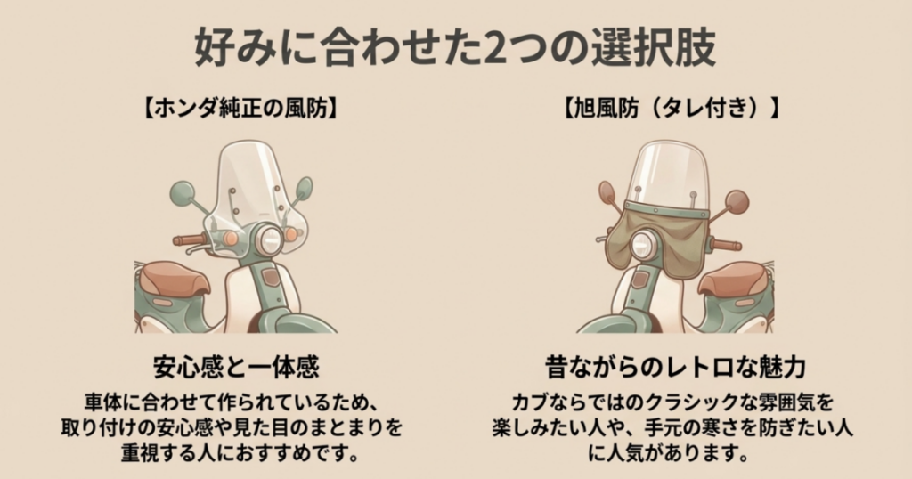 Honda純正風防の一体感と旭風防のタレ付きモデルが持つレトロな魅力を比較した図