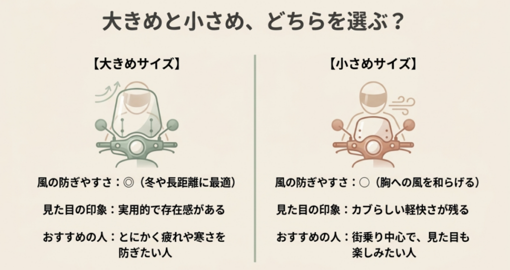 スーパーカブの大型風防は冬や長距離向き、ショート風防は街乗りや見た目重視向きと比較した図