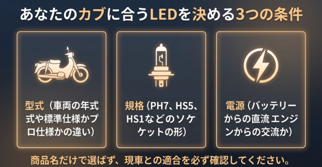スーパーカブのLEDを選ぶ際に確認する車両の型式、バルブ規格、電源方式