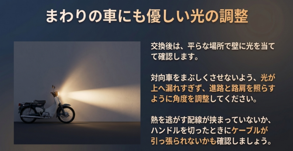 壁を使った照射方向の確認と、上方への光の漏れ、配線の取り回しを点検する図