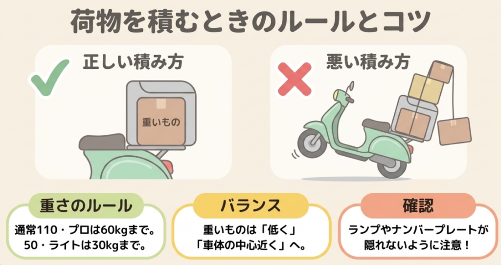 通常110・110プロは60kg、50・110 Liteは30kgの重量上限と安全な荷物の積み方を示した図