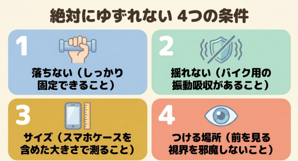 スーパーカブ用スマホホルダーで確認したい固定力、防振性能、端末サイズ、取付位置の4条件