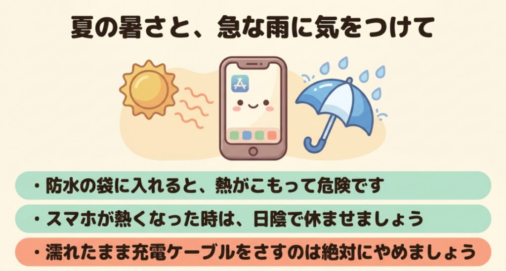スーパーカブでスマホをナビ利用するときの熱こもり、雨、高温時の休止、濡れた充電端子への注意をまとめた図