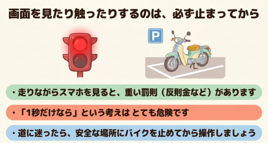 スーパーカブ走行中はスマホ画面を見たり操作したりせず安全な場所へ停車してから操作することを示す図