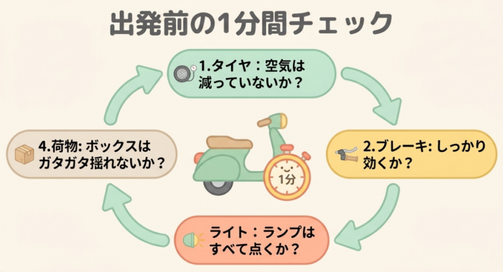 出発前にタイヤ、ブレーキ、ライト、荷物の固定状態を確認するスーパーカブの安全点検
