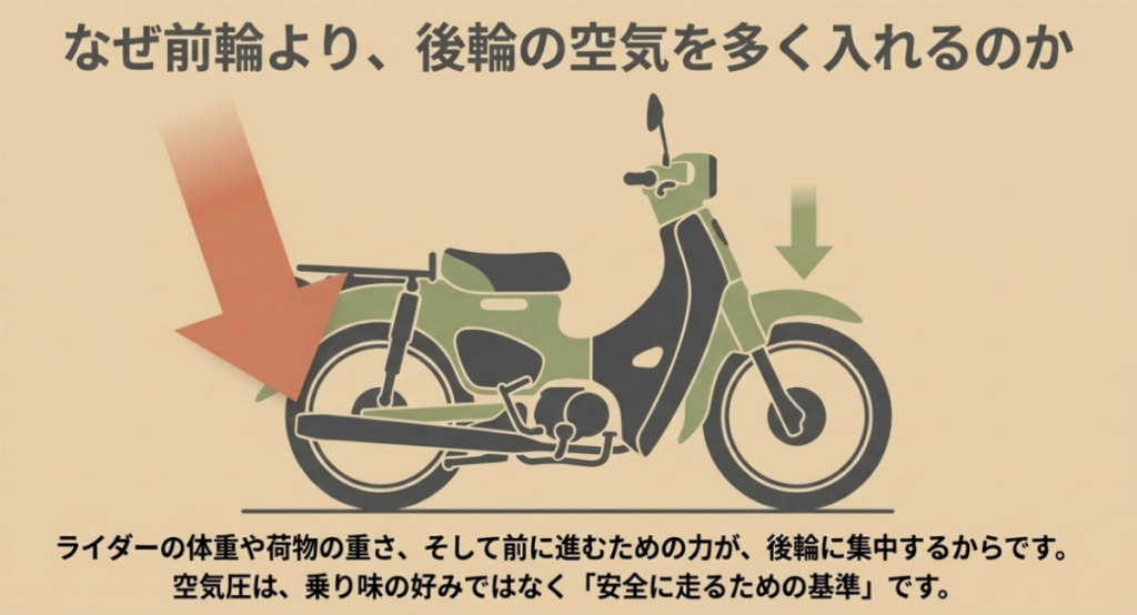 ライダーや荷物の重さと駆動力が後輪へ集中し、後輪の指定空気圧が前輪より高くなる理由を示す図