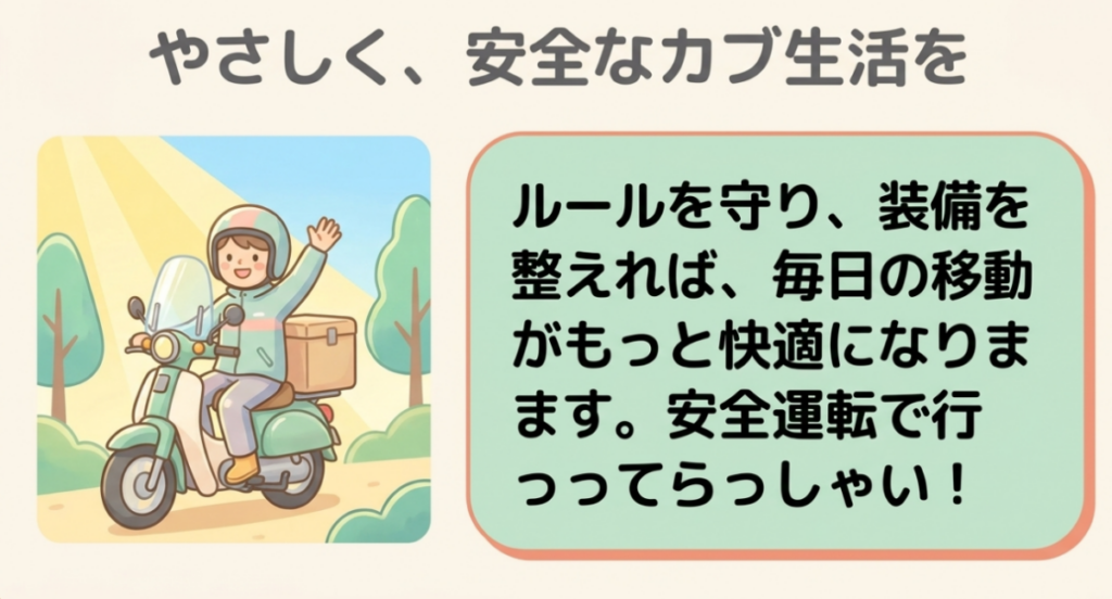 交通ルールを守り必要な装備を整えて安全で快適なスーパーカブ通勤・配達を始めるよう呼びかけるスライド