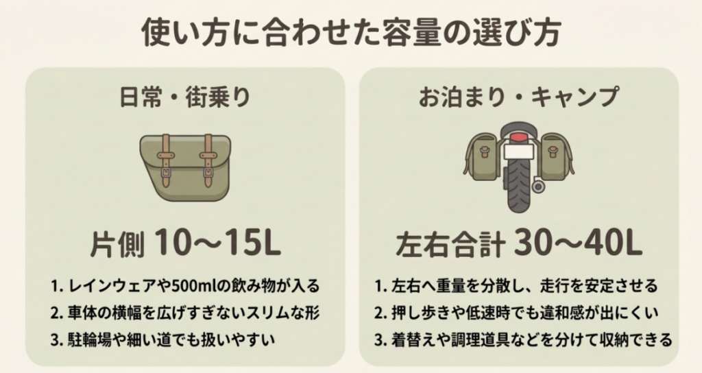 日常や街乗りは片側10〜15L、泊まりやキャンプは左右合計30〜40Lを目安として示した容量比較図