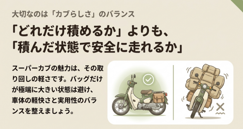 適量のサイドバッグを付けたスーパーカブと荷物を積みすぎて傾く車体を比較し、安全に走れる積載バランスを示した図