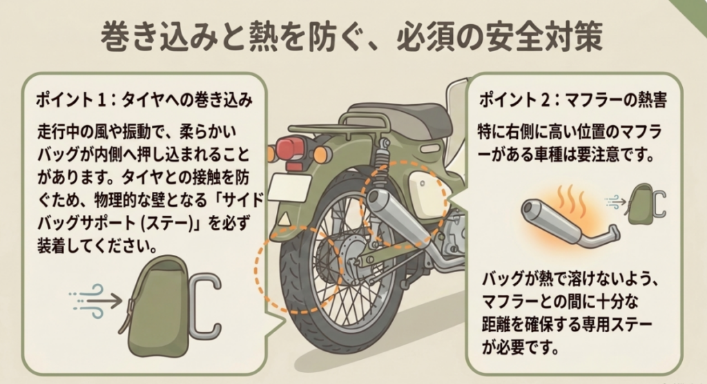 サイドバッグサポートでタイヤへの巻き込みを防ぎ、右側ではマフラーとの距離を確保する安全対策を示した図