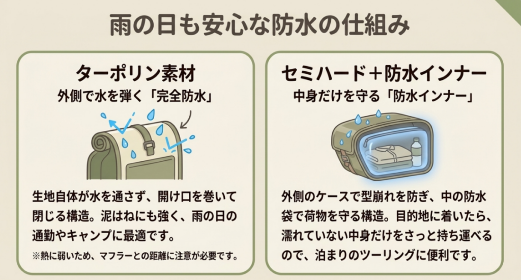 ターポリン素材とセミハードケースに防水インナーを組み合わせる方式の特徴や用途を比較した図