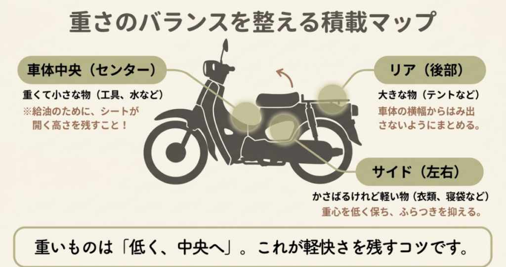 重い工具や水は車体中央、テントはリア、衣類や寝袋は左右のサイドバッグへ分ける積載位置を示した図