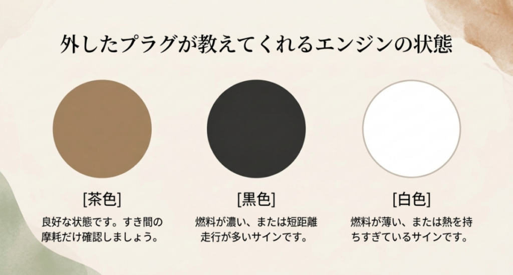 外したプラグの焼け色を茶色・黒色・白色の三つの色見本で示した模式図