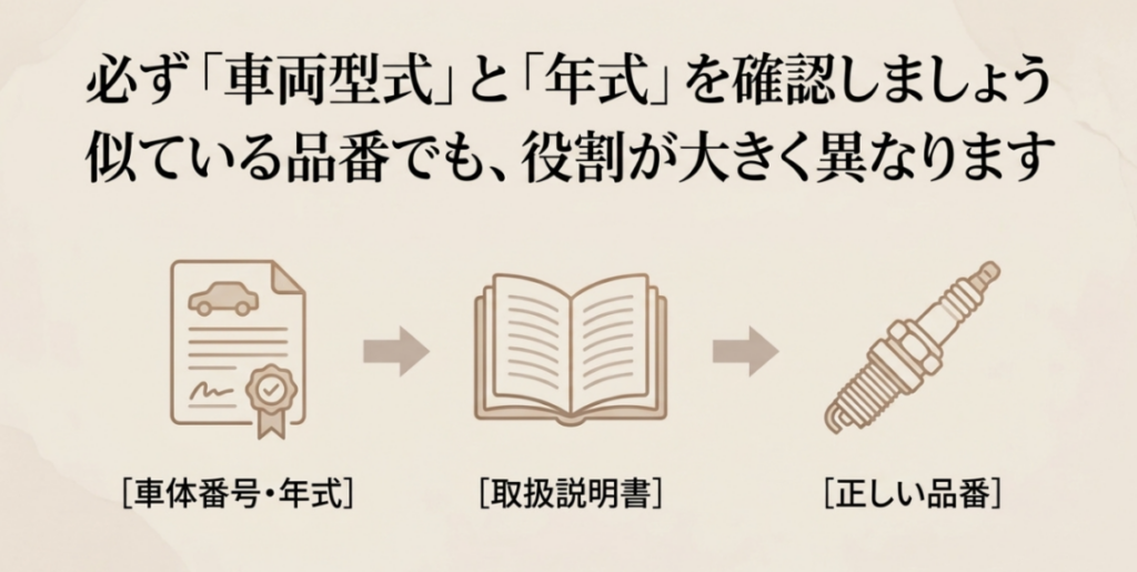 車両型式と年式を調べ、取扱説明書と照合して正しいプラグ品番を選ぶ流れ