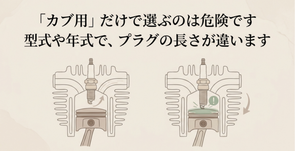 型式や年式によって異なる長さのプラグを、エンジン断面のイラストで比較した図