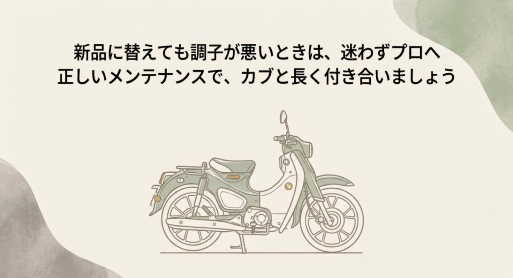 スーパーカブのイラストと、新しいプラグに替えても調子が悪いときは整備の専門家へ相談するよう促すメッセージ