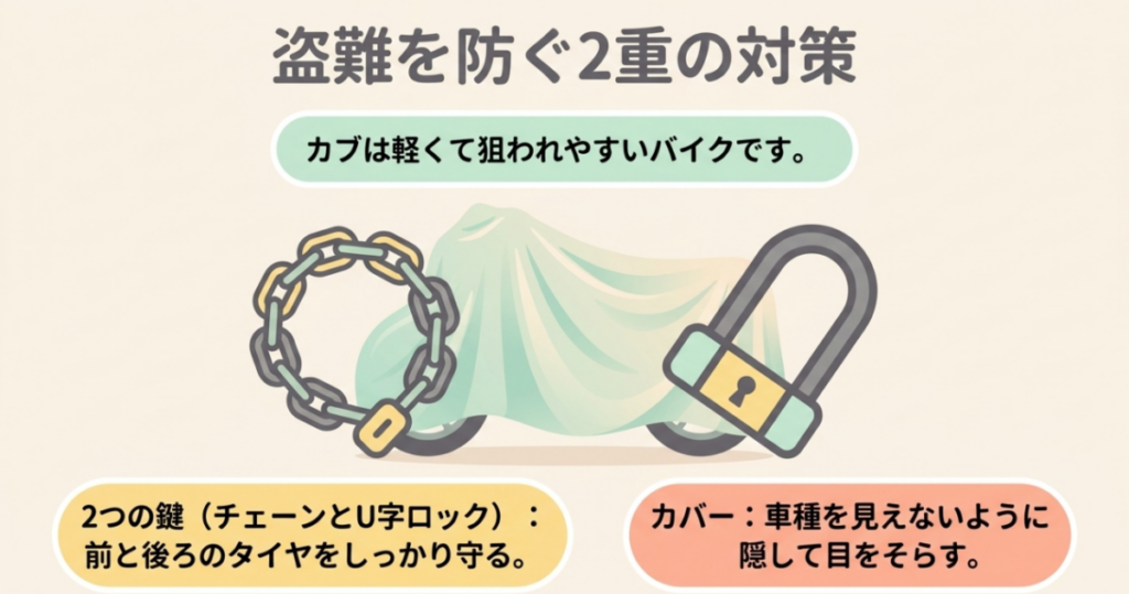 チェーンとU字ロックで前後輪を守り、車体カバーで車種を見えにくくするスーパーカブの盗難対策
