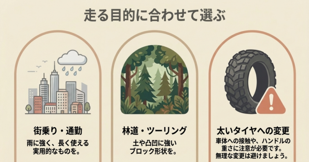 街乗り・通勤、林道・ツーリング、太いタイヤへの変更に合わせた選び方と注意点を示す図
