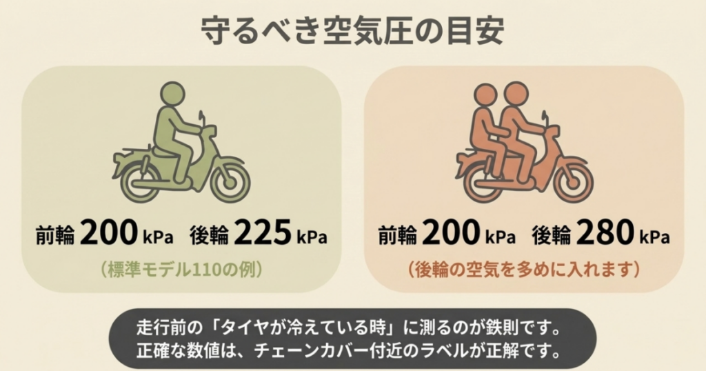 標準モデル110の空気圧例として一人乗りは前200・後225kPa、二人乗りは前200・後280kPaを示す図