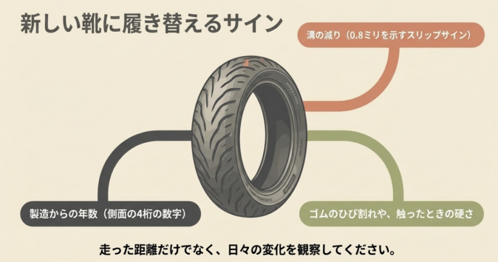 スーパーカブのタイヤ交換時期を溝の減り、製造年、ゴムのひび割れや硬化から判断する方法を示す図