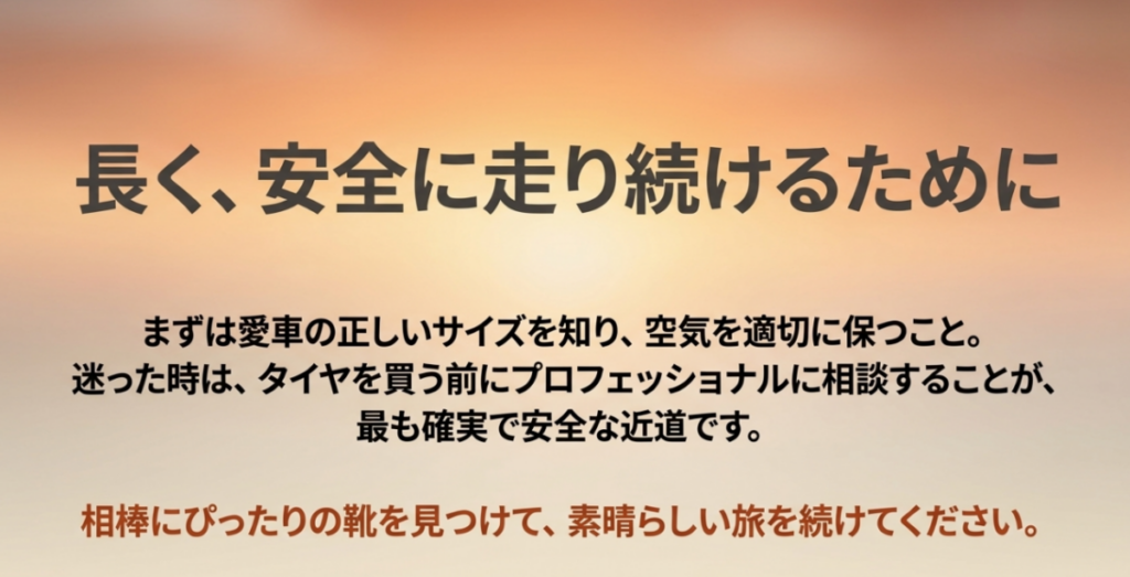 正しいタイヤサイズと空気圧を確認し、適合に迷った場合は専門店へ相談するという安全なタイヤ選びのまとめ