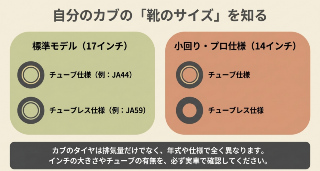 スーパーカブの標準モデル17インチとプロ仕様14インチ、チューブ・チューブレス構造の違いを示す図