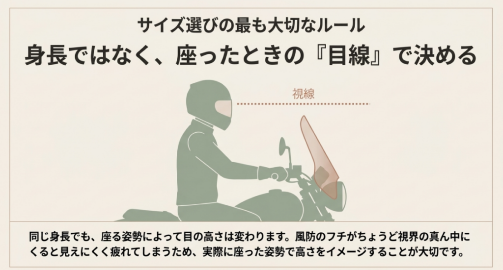スーパーカブに着座したライダーの視線と風防上端の位置関係を示し、目線で高さを選ぶ方法を説明した図