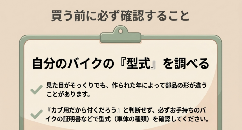 スーパーカブ風防の購入前に車両の証明書で型式と製品の適合を確認する重要性を示したチェックリスト