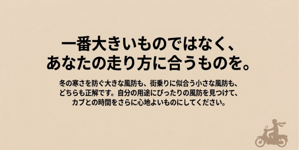 大型とショートのどちらも用途次第で、自分の走り方に合うスーパーカブ風防を選ぶことを示したまとめ